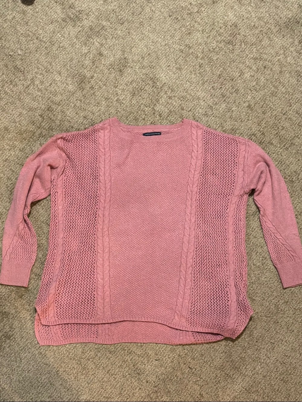 American Eagle Outfitters Dusty Rose Open-Knit Cable Crewneck Sweater